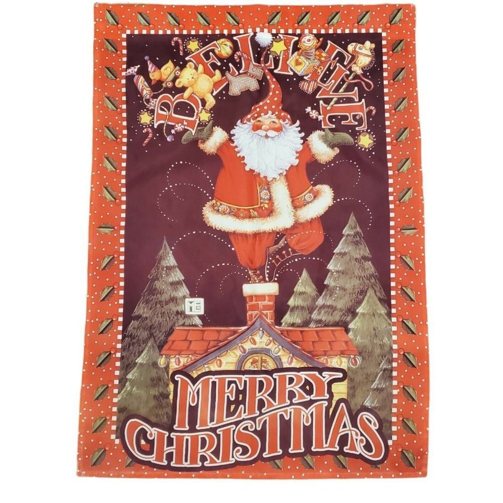Vintage Mary Engelbreit Christmas Santa Believe Large Outdoor Flag 28 X 40 Faded